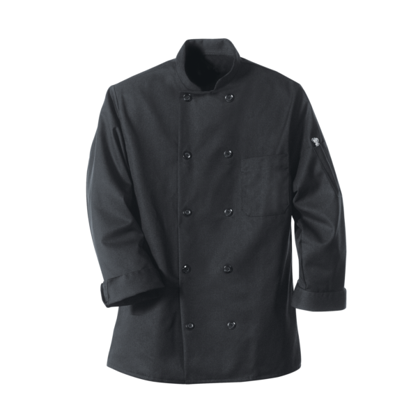 Custom Black Ten Pearl-Style Double-Breasted Chef Coat Custom Black Ten Pearl-Style Double-Breasted Chef Coat — garment development reference