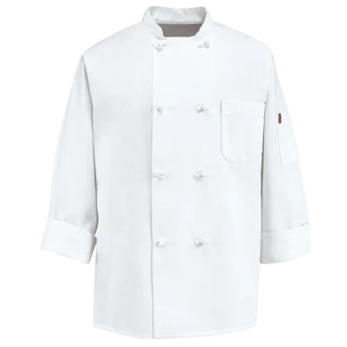 Custom Eight-Knot Double-Breasted Chef Coat with Thermometer Pocket — garment development reference