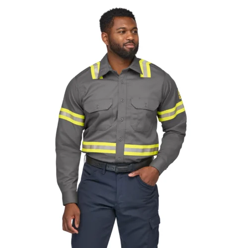 Custom Enhanced-Visibility FR Uniform Shirt with Reflective Trim — garment development reference