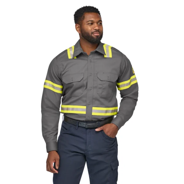 Custom Enhanced-Visibility FR Uniform Shirt with Reflective Trim Custom Enhanced-Visibility FR Uniform Shirt with Reflective Trim — garment development reference