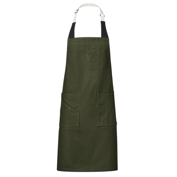 Custom Flex-Panel Utility Bib Apron with Four Service Pockets Custom Flex-Panel Utility Bib Apron with Four Service Pockets — garment development reference