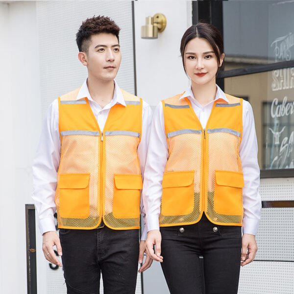 Custom Full-Mesh Reflective Zip Work Vest with Layered Flap Pockets Custom Full-Mesh Reflective Zip Work Vest with Layered Flap Pockets - complete garment view