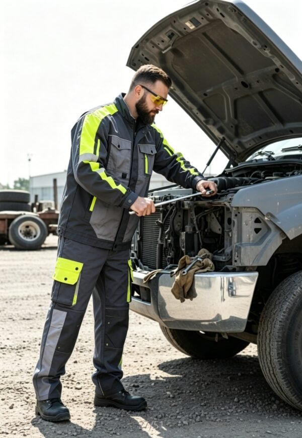 Custom Grey, Black and Fluorescent Yellow Mechanic Jacket and Trouser Set Mechanic Uniform — Custom High Visibility Mechanic Workwear Uniform Set Grey Black Hi Vis Yellow garment reference
