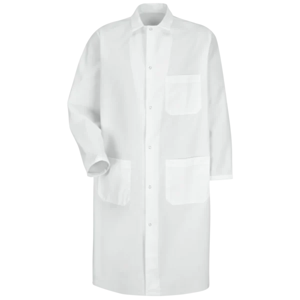 Custom Gripper-Front Butcher Coat with Exterior Pockets Custom Gripper-Front Butcher Coat with Exterior Pockets — garment development reference