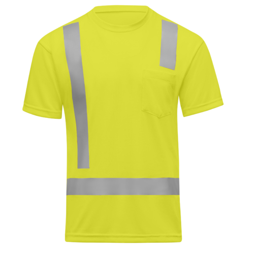 Custom High-Visibility Short-Sleeve Pocket Work Tee Reflective T-Shirt — Hi-Visibility Short Sleeve Pocket T-Shirt - Type R Class 2 garment reference