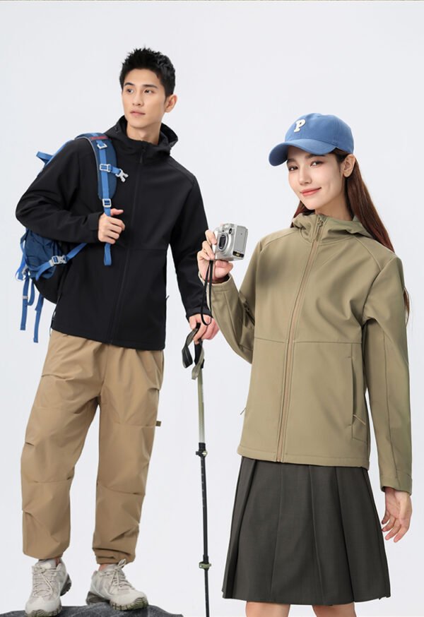 Custom Hooded Stretch Softshell Work Jacket with Optional Inner Layer Custom Hooded Stretch Softshell Work Jacket with Optional Inner Layer — garment development reference