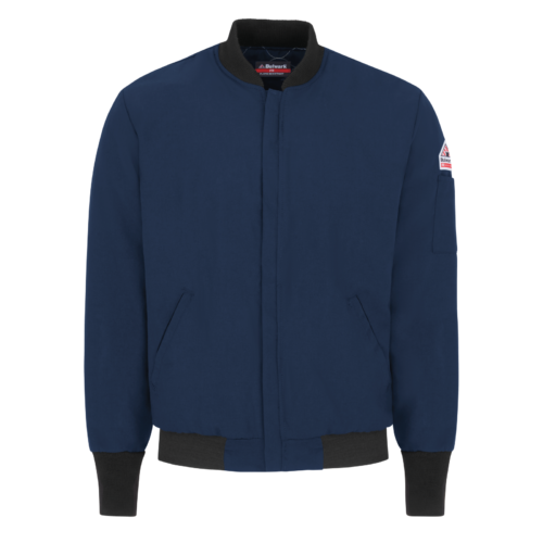Custom Insulated Flame-Resistant Team Jacket with Rib-Knit Trim Custom Insulated Flame-Resistant Team Jacket with Rib-Knit Trim — garment development reference