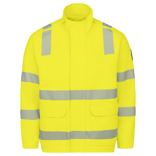 Custom Lined Hi-Visibility Bomber Work Jacket with Covered Zip — garment development reference