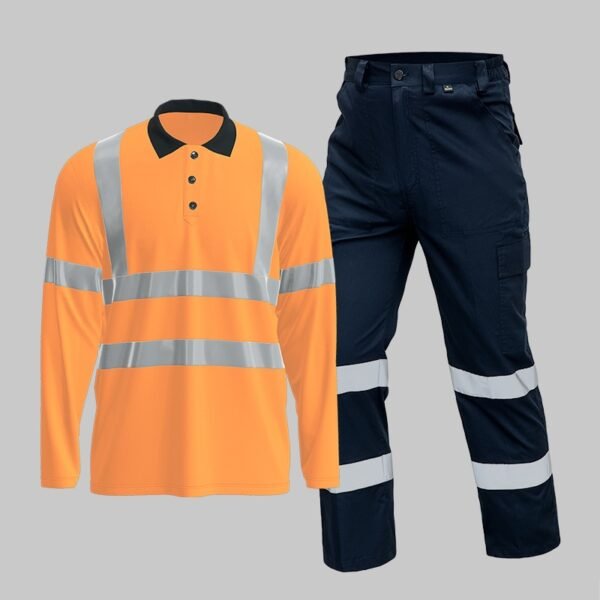 Custom Long-Sleeve Hi-Vis Polo and Reinforced Work Trouser Set Hi-Vis Jacket + Pants Set — Quick-drying Long-sleeved High-visibility Solid Color Lapel POLO Shirt Suit garment reference