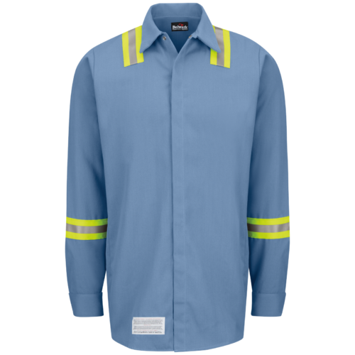 Custom Pocketless Concealed-Closure Hi-Vis Long-Sleeve Work Shirt Custom Pocketless Concealed-Closure Hi-Vis Long-Sleeve Work Shirt — garment development reference