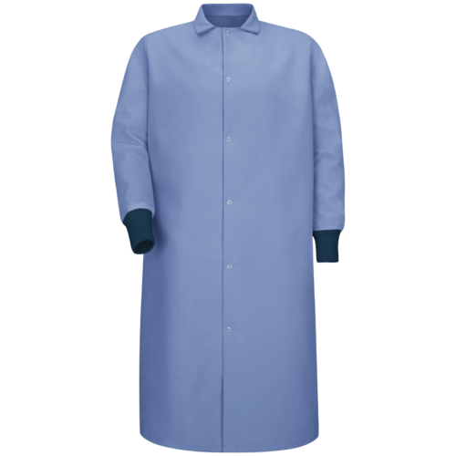 Custom Pocketless Gripper-Front Butcher Coat with Knit Cuffs Custom Pocketless Gripper-Front Butcher Coat with Knit Cuffs — garment development reference