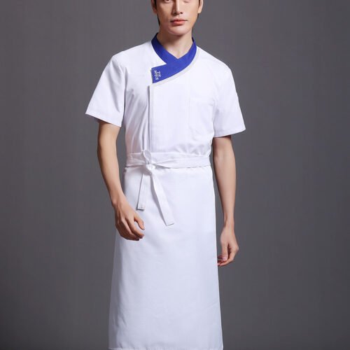 Custom Short-Sleeve Chef Jacket with Contrast Collar and Full Back Vent Panel Custom Short-Sleeve Chef Jacket with Contrast Collar and Full Back Vent Panel — garment development reference
