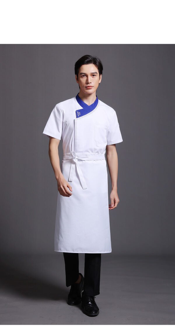 Custom Short-Sleeve Chef Jacket with Contrast Collar and Full Back Vent Panel Custom Short-Sleeve Chef Jacket with Contrast Collar and Full Back Vent Panel — garment development reference