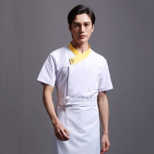 Custom Short-Sleeve Chef Jacket with Full Back Mesh and Contrast Collar Custom Short-Sleeve Chef Jacket with Full Back Mesh and Contrast Collar — garment development reference
