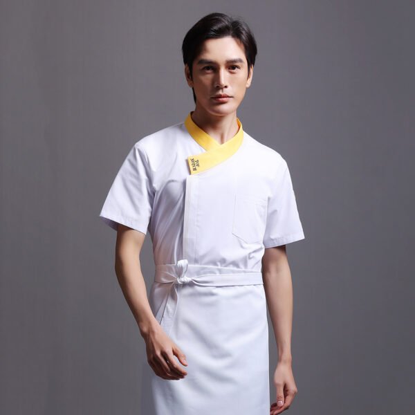 Custom Short-Sleeve Chef Jacket with Full Back Mesh and Contrast Collar Custom Short-Sleeve Chef Jacket with Full Back Mesh and Contrast Collar — garment development reference