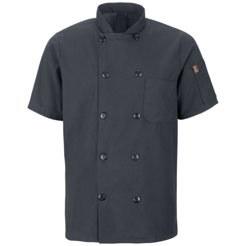 Custom Short-Sleeve Double-Breasted Chef Coat with Vent and Mobility Panel Options Custom Short-Sleeve Double-Breasted Chef Coat with Vent and Mobility Panel Options — garment development reference