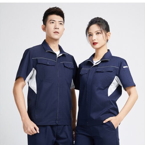 Custom Summer Short-Sleeve Visibility Workwear Set with Stand-Collar Zip Top and Straight-Leg Trousers Custom Summer Short-Sleeve Visibility Workwear Set with Stand-Collar Zip Top and Straight-Leg Trousers — reference garment view 2
