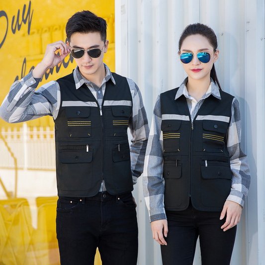 Custom V-Neck Zip Work Vest with Reflective Tape and Tool Pockets Custom V-Neck Zip Work Vest with Reflective Tape and Tool Pockets - complete garment view