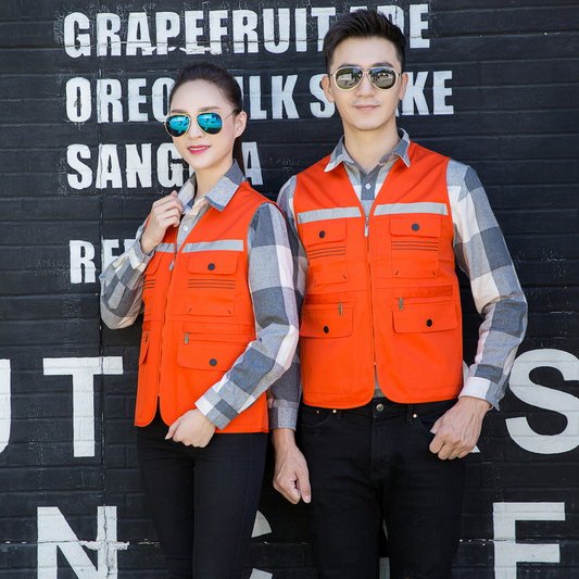Custom V-Neck Zip Work Vest with Reflective Tape and Tool Pockets Custom V-Neck Zip Work Vest with Reflective Tape and Tool Pockets - complete garment view