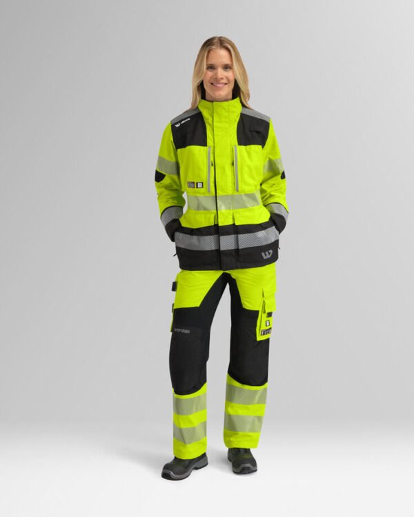 Custom Women’s Fluorescent Stretch Work Jacket with Stand Collar Custom Women’s Fluorescent Stretch Work Jacket with Stand Collar — garment development reference