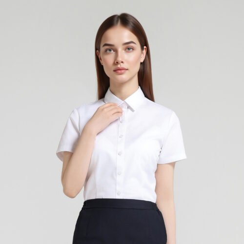 Custom Women’s Square-Collar Short-Sleeve Concealed-Placket Uniform Shirt Custom Women’s Square-Collar Short-Sleeve Concealed-Placket Uniform Shirt - additional same-model product view
