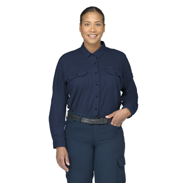 Custom Women’s Stretch-Knit Gusseted Button-Down Work Shirt — garment development reference
