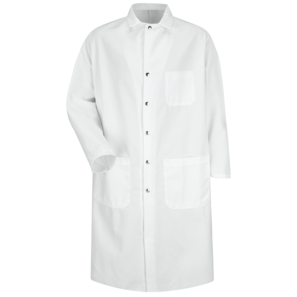 Private-Label Full-Cut Snap-Front Butcher Coat — garment development reference